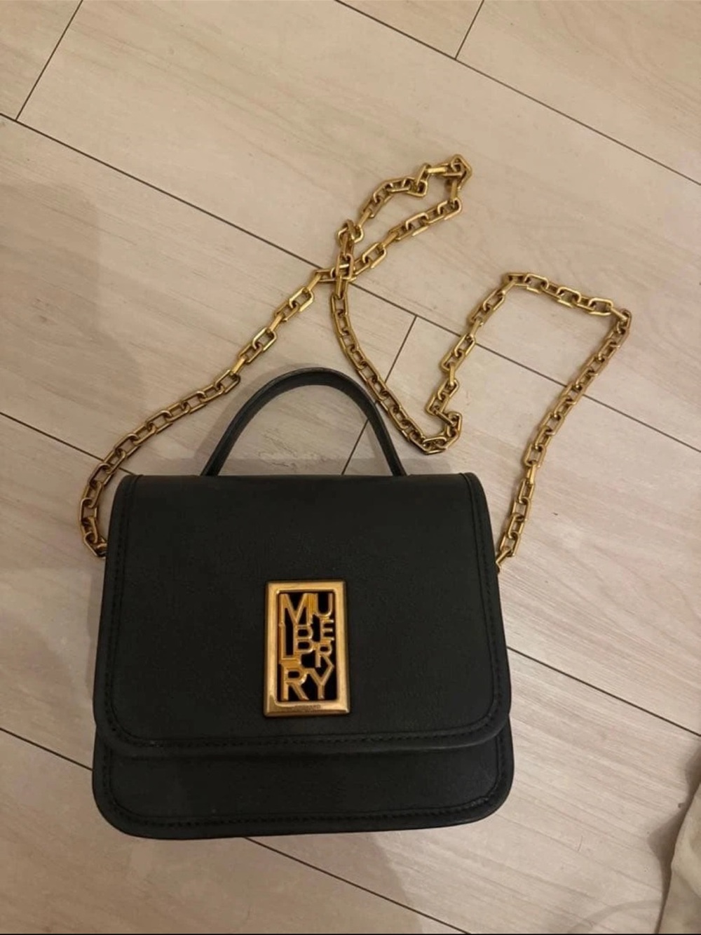 Mulberry Black Leather Mini Top-Handle Bag with Gold Chain